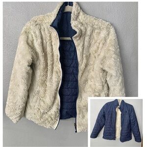 The North Face Girls Coat Size Large Reversible Mossbud Swirl Fleece Navy Cream